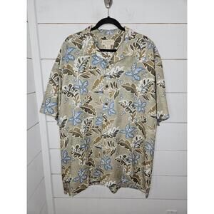 Boca Classics XL Tall tan with cream & blue Hawaiian print silk button up top
